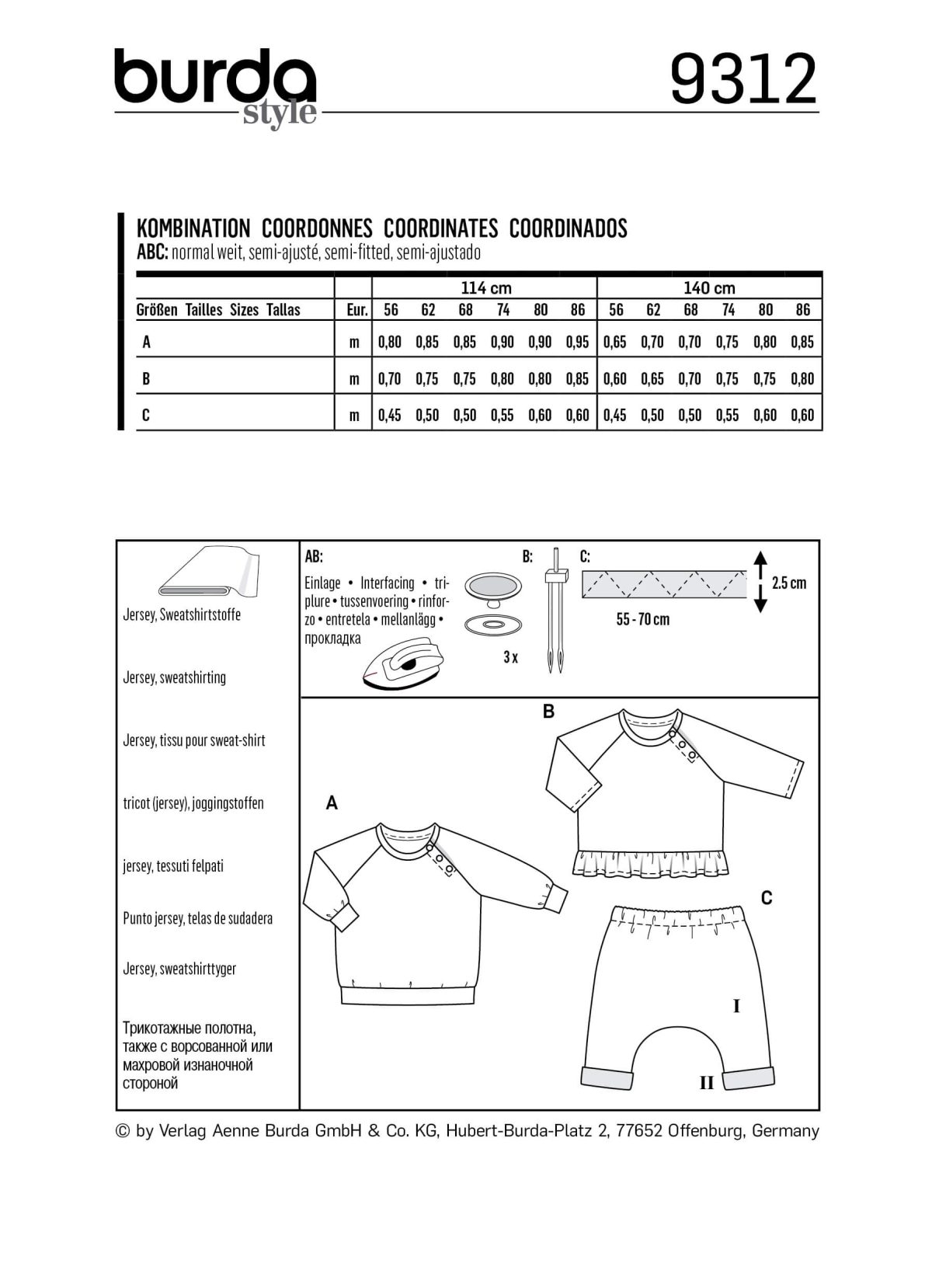 Burda Style Pattern 9312 Babies' Coordinates, Pull-On Top and Pants