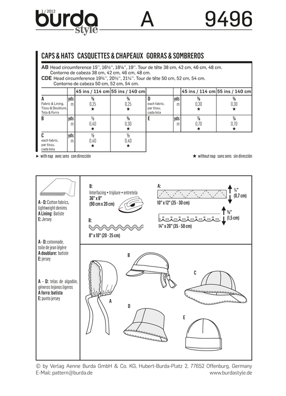 Burda B9496 Style Caps & Hats Sewing Pattern