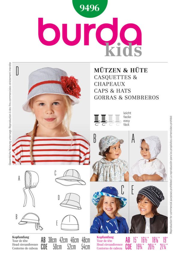Burda B9496 Style Caps & Hats Sewing Pattern