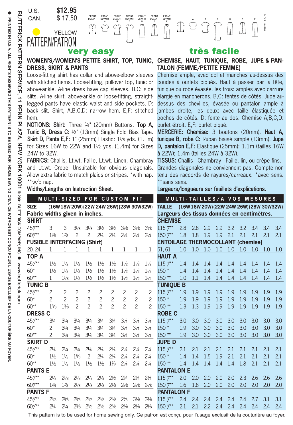 Butterick Sewing Pattern B3039 Women's/Women's Petite Shirt, Top, Tunic, Dress, Skirt & Pants