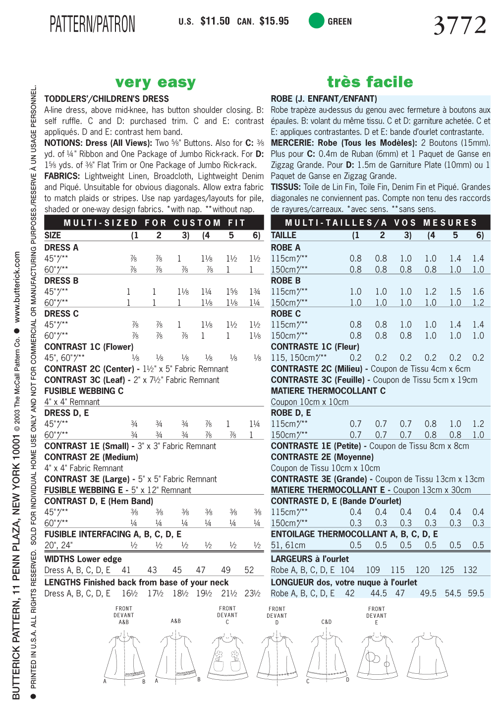 Butterick Sewing Pattern B3772 Toddlers' & Children's Dress