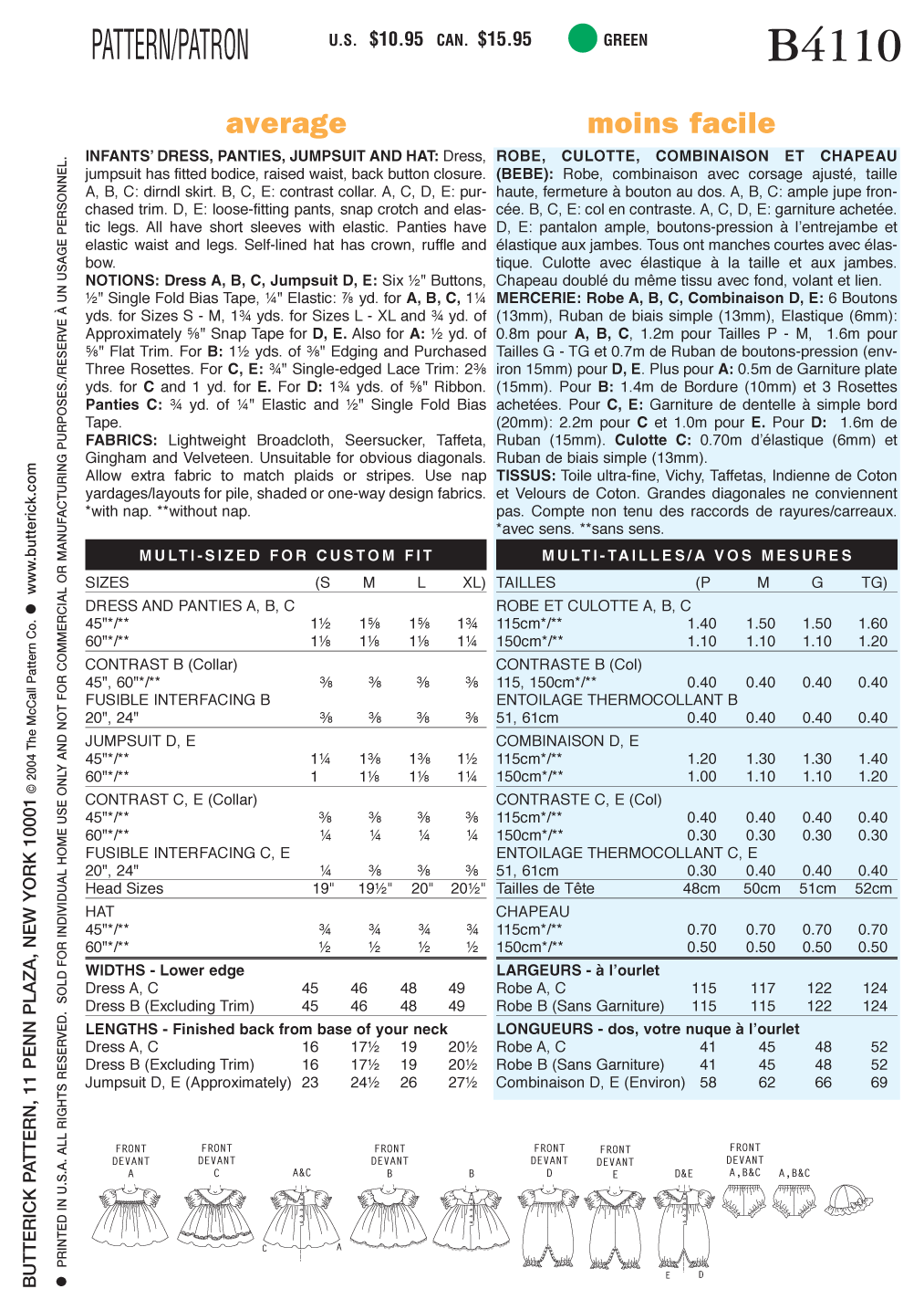 Butterick Sewing Pattern B4110 Infants' Dress, Panties, Jumpsuit and Hat
