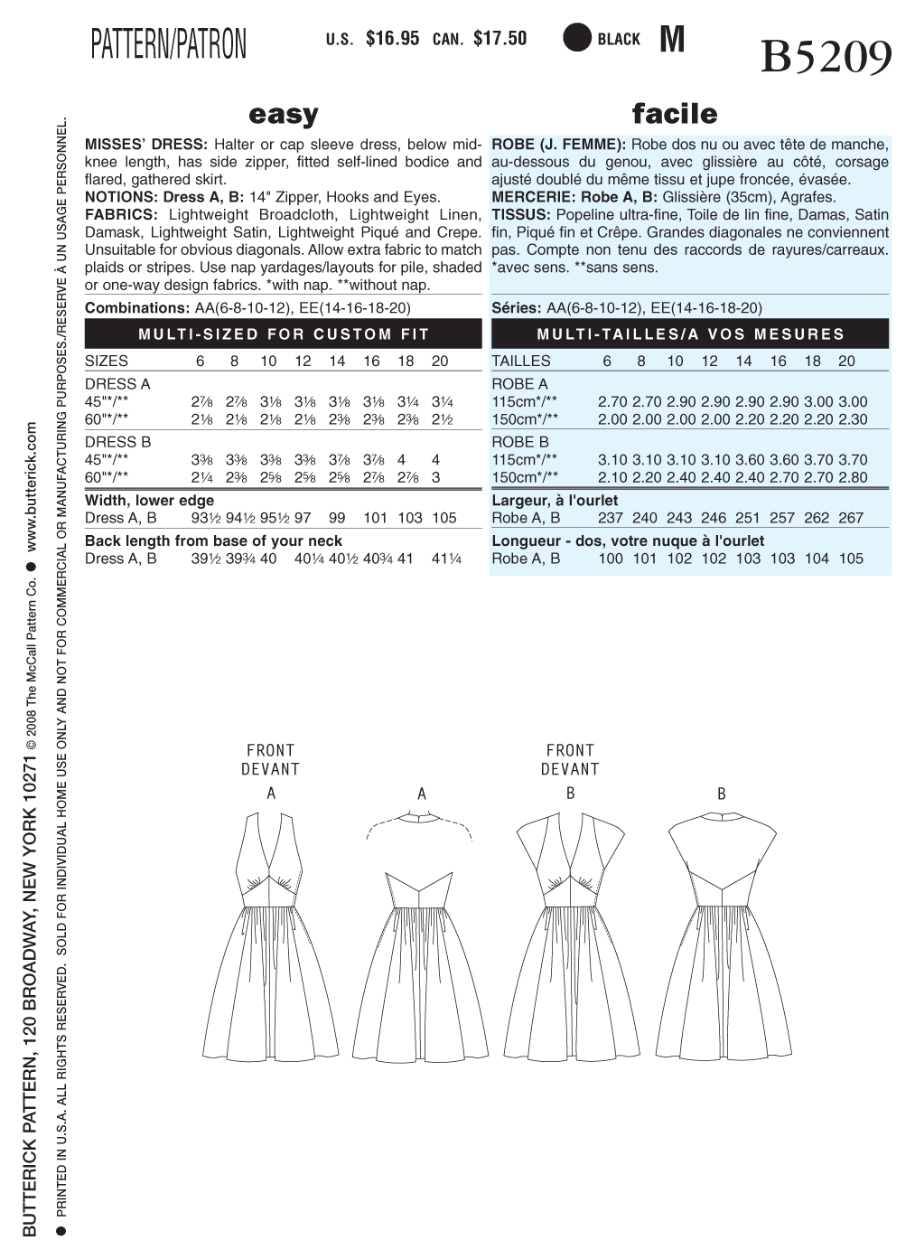 Butterick Sewing Patter B5209 Misses' Dress