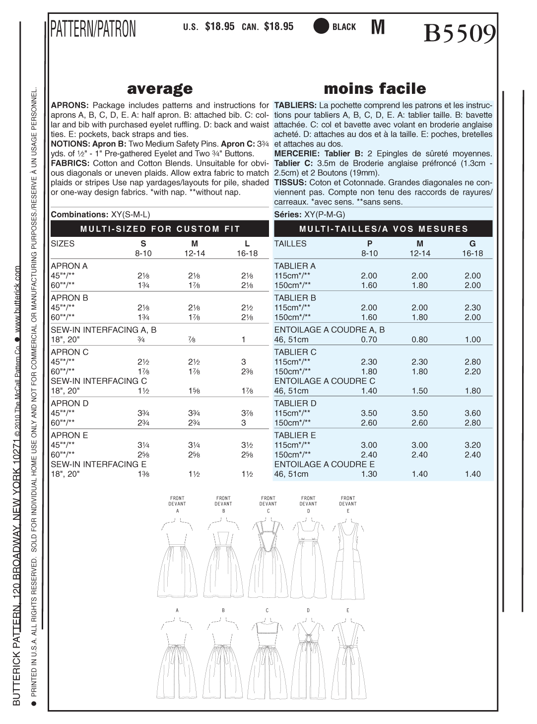 Butterick Sewing Pattern B5509 Aprons