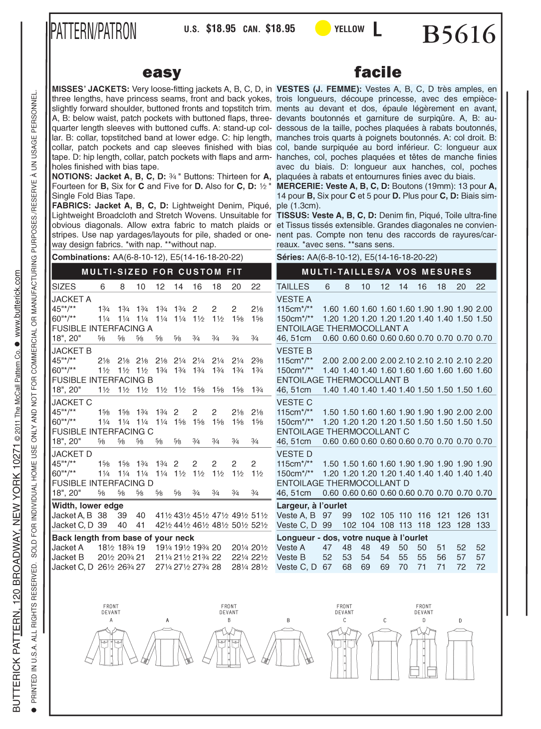 Butterick Sewing Pattern B5616 Misses' Jacket