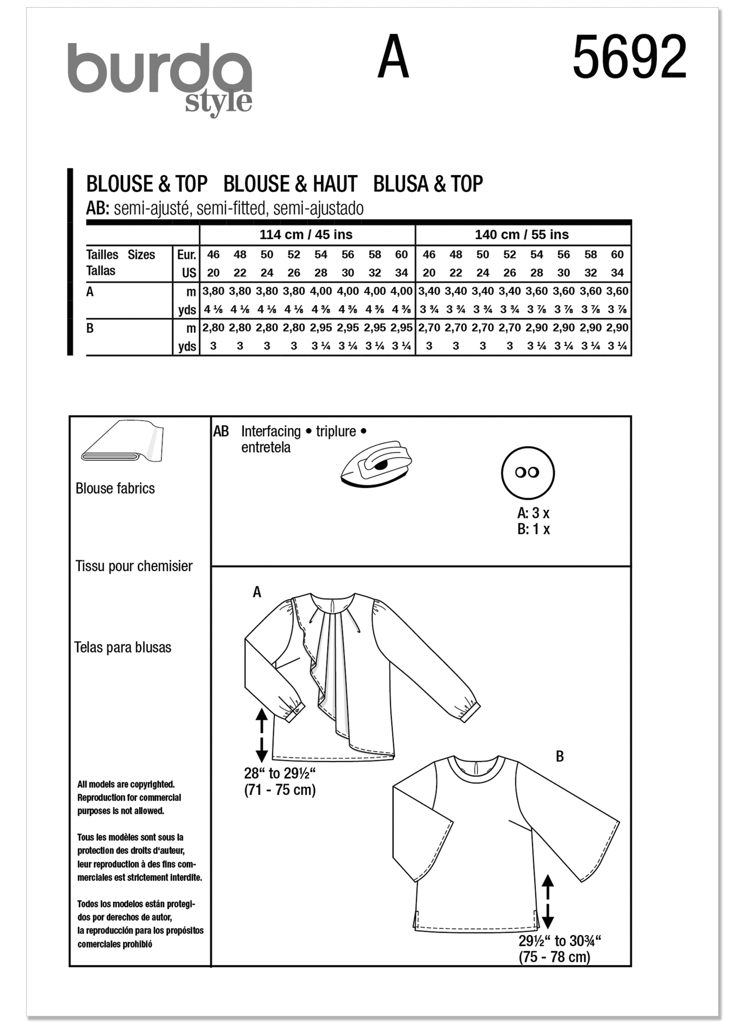 Burda Style Sewing Pattern 5692 Misses' Blouse and Shirt