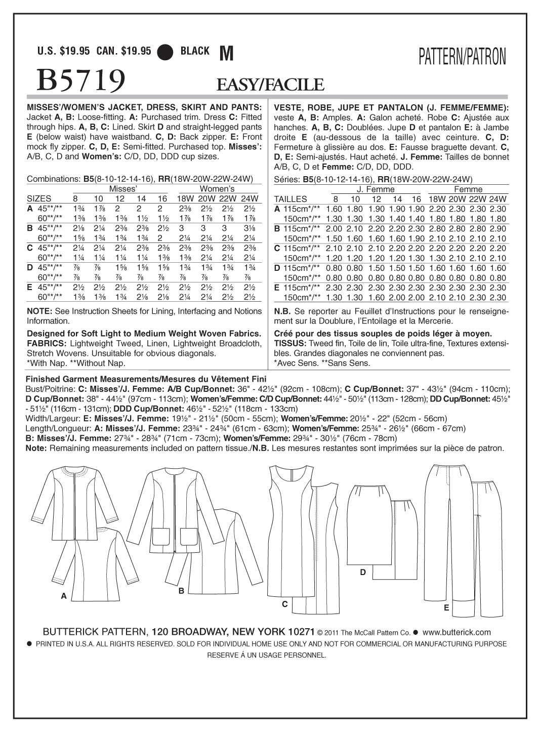 Butterick Sewing Pattern B5719 Misses'/Women's Jacket, Dress, Skirt and Pants