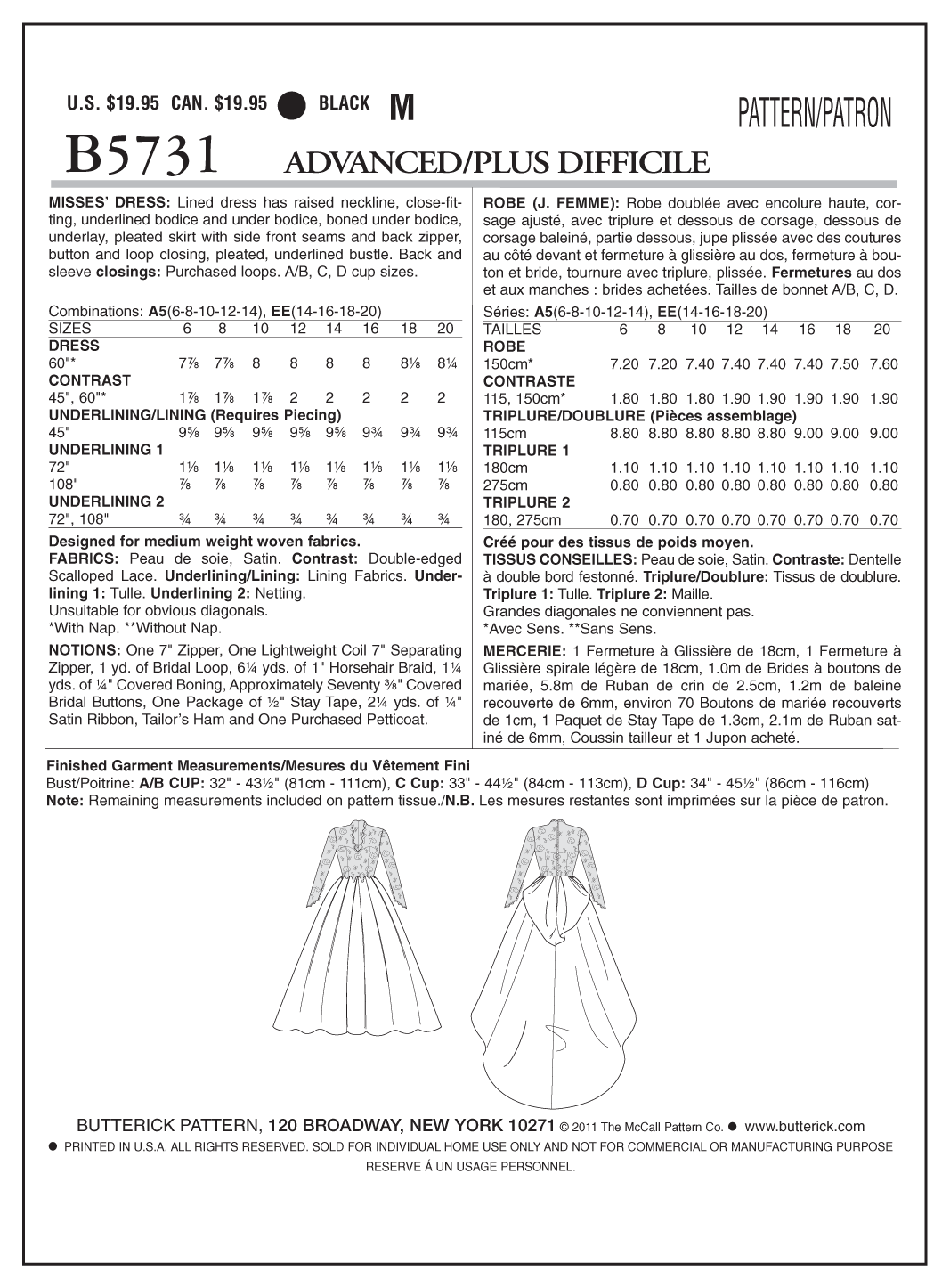 Butterick Sewing Pattern B5731 Misses' Bridal Dress