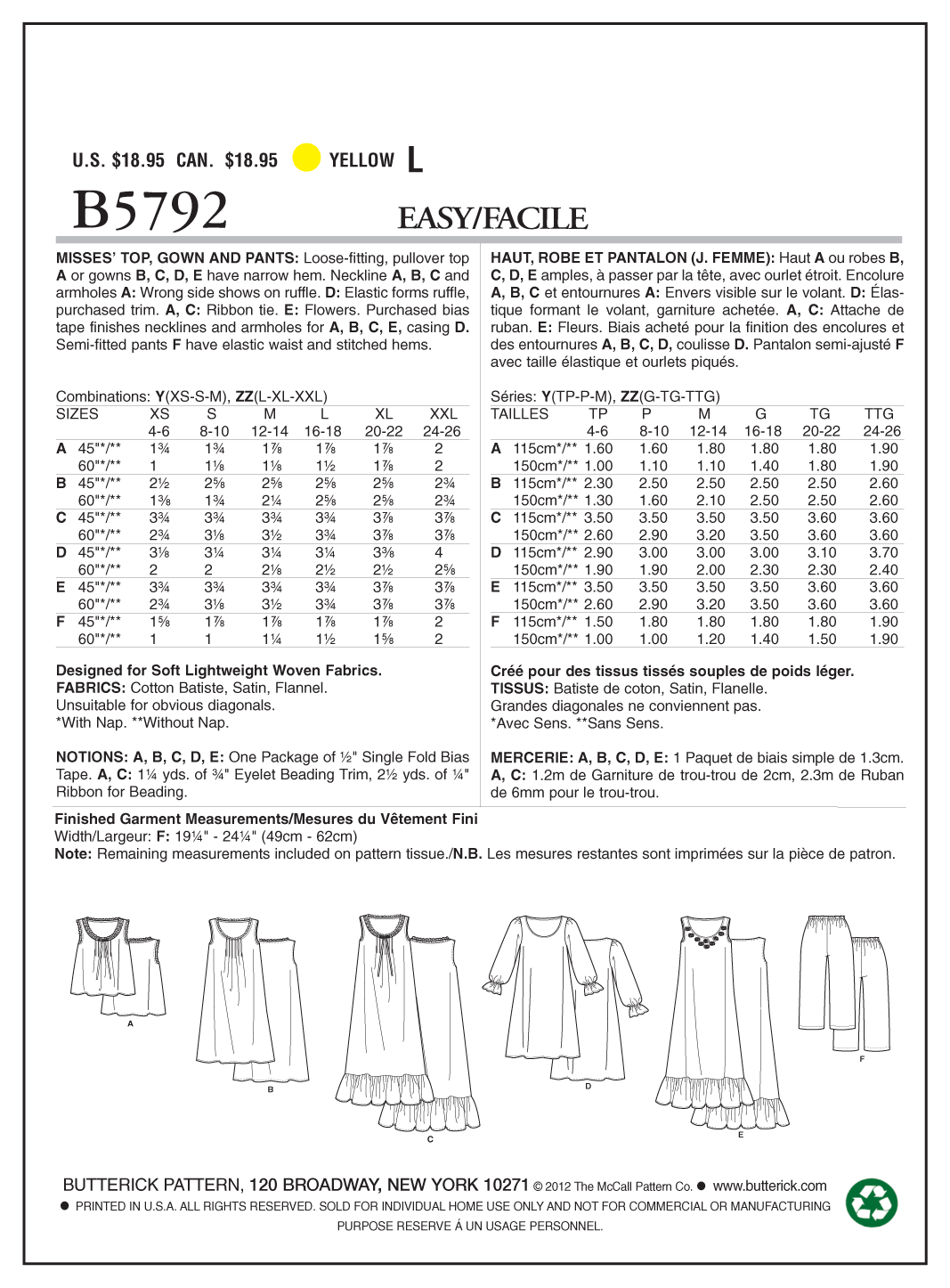 Butterick Sewing Pattern B5792 Misses' Top, Gown and Pants