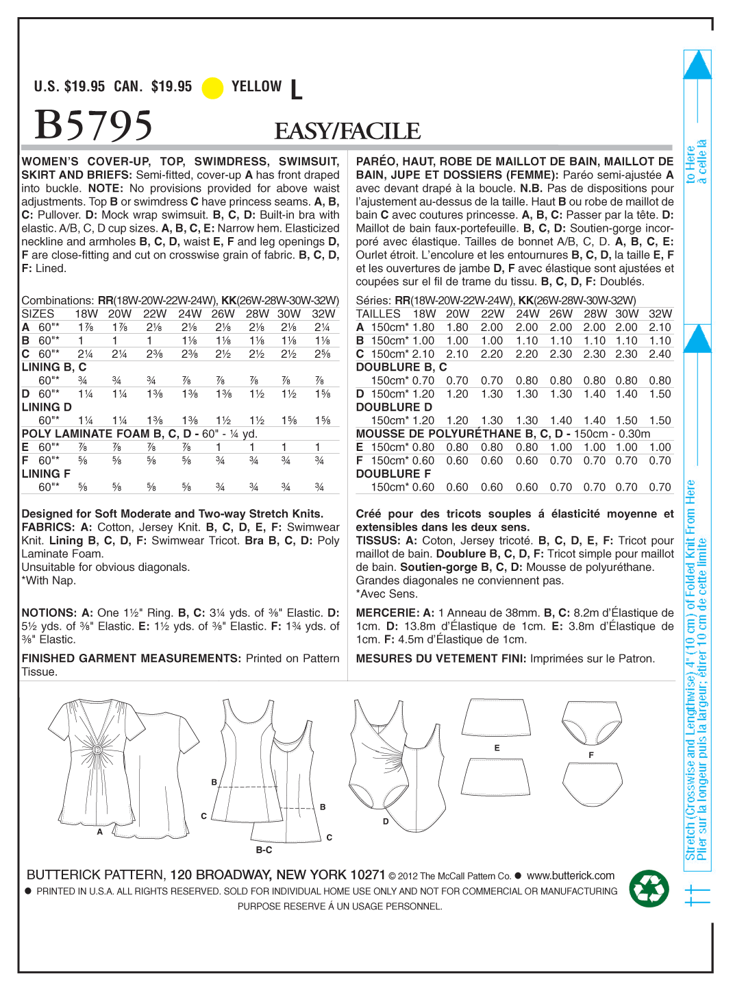Butterick Sewing Pattern B5795 Women's Cover-Up, Top, Swimdress, Swimsuit, Skirt and Briefs