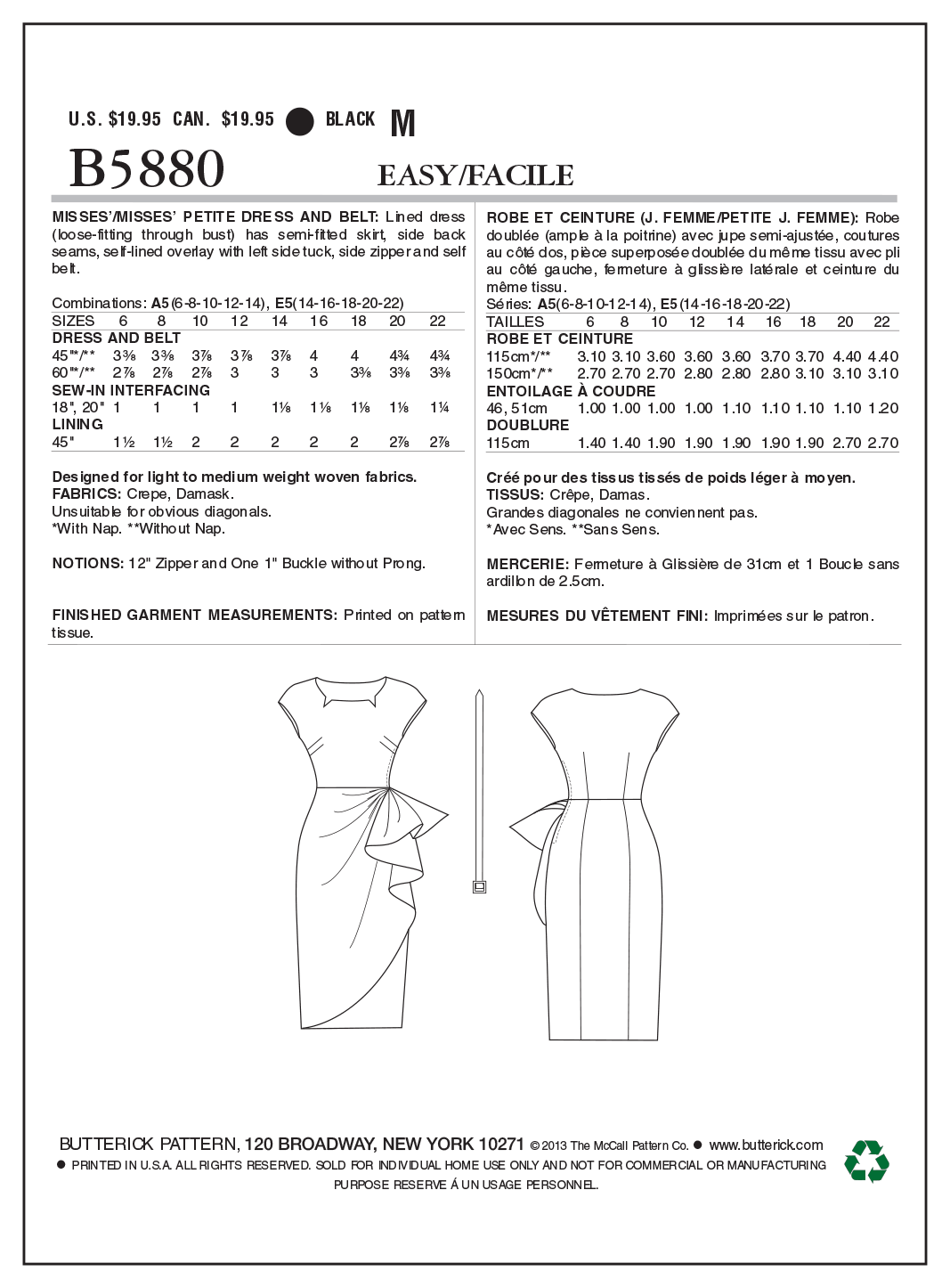 Butterick Sewing Pattern B5880 Misses'/Misses' Petite Dress and Belt