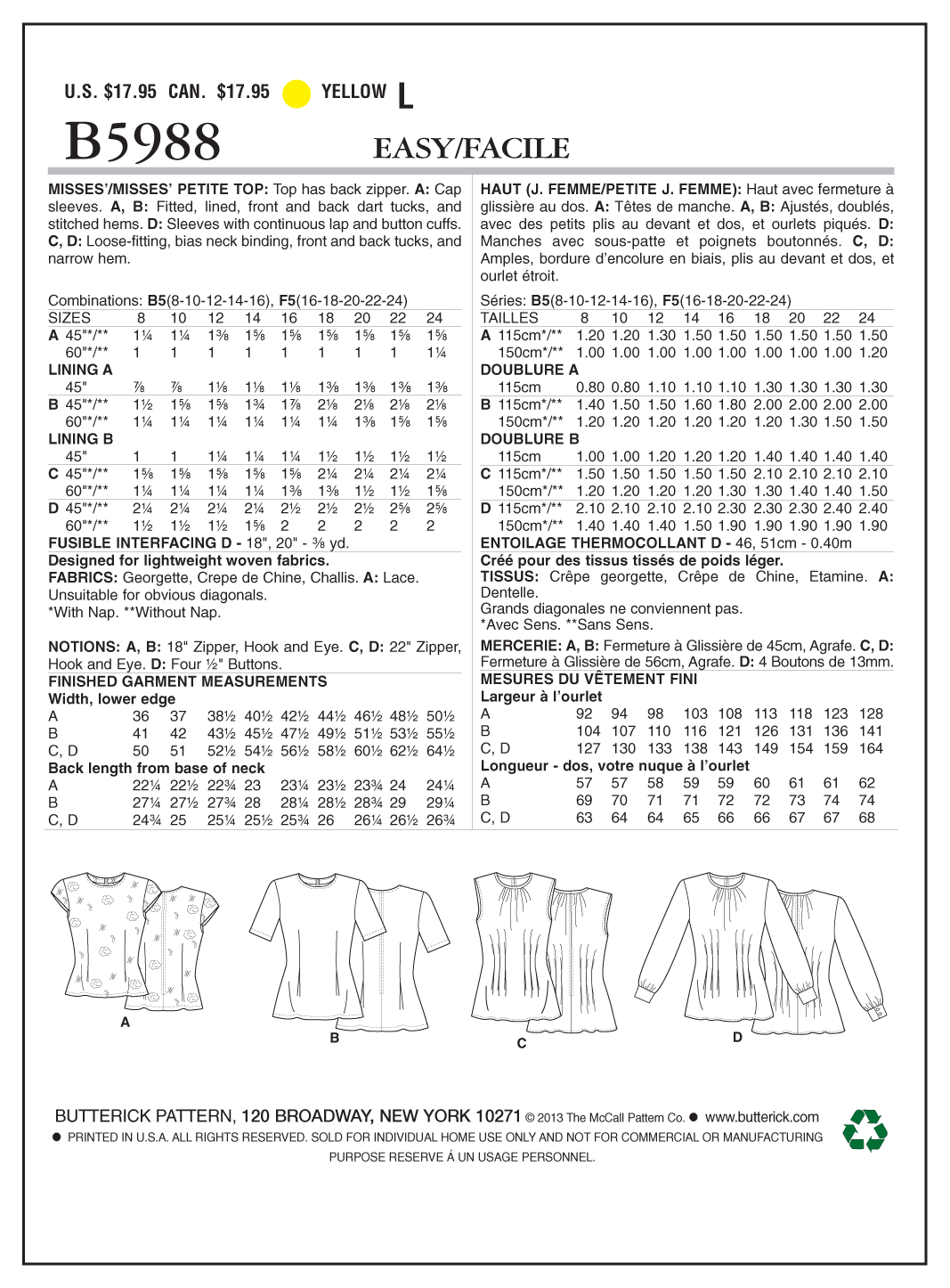Butterick Sewing Pattern B5988 Misses'/Misses' Petite Top