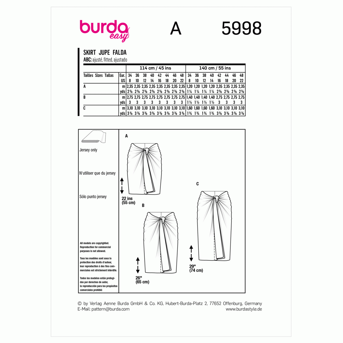 Burda Style Pattern 5998 Misses' Skirt