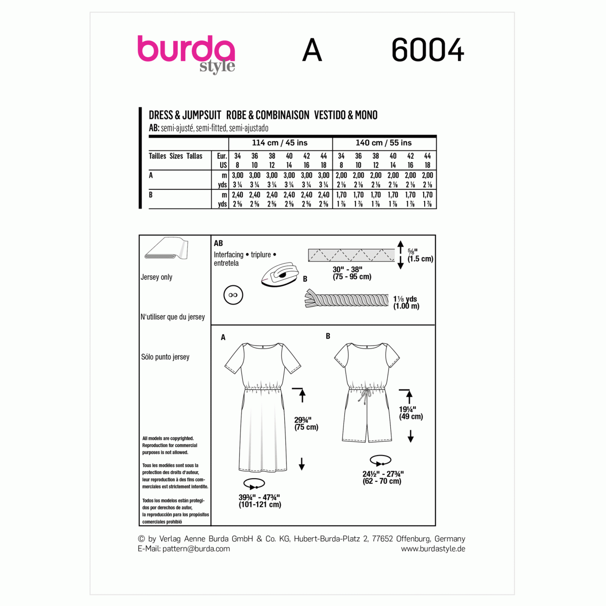 Burda Style Pattern 6004 Misses' Dress and Jumpsuit