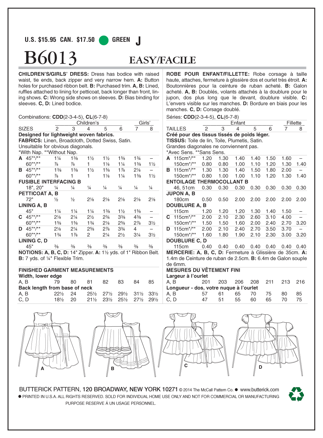 Butterick Sewing Pattern B6013 Children's/Girls' Dress