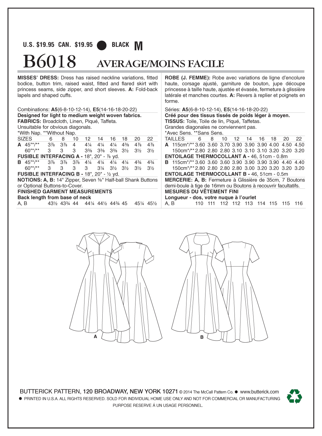 Butterick Sewing Pattern B6018 Misses' Dress