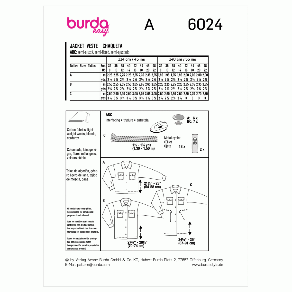 Burda Style Pattern 6024 Misses' Jacket