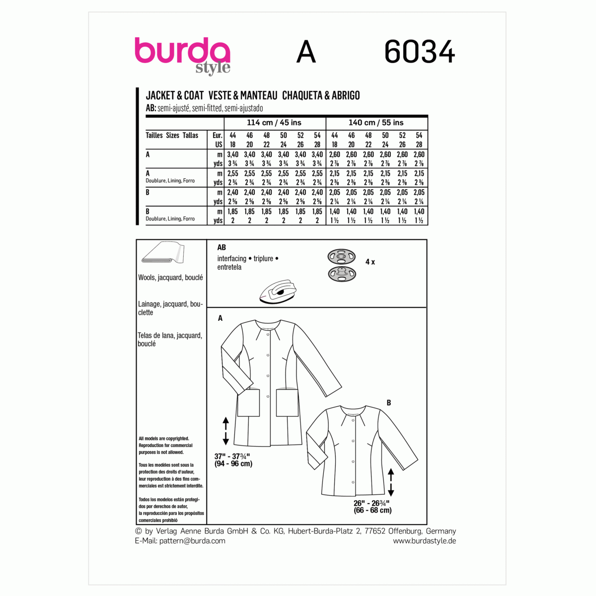 Burda Style Pattern 6034 Misses' Coat and Jacket