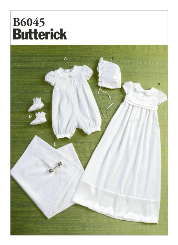 Butterick Sewing Pattern B6045 Infants' Puff-Sleeve Romper, Dress, Sash, Bonnet, Booties and Blanket