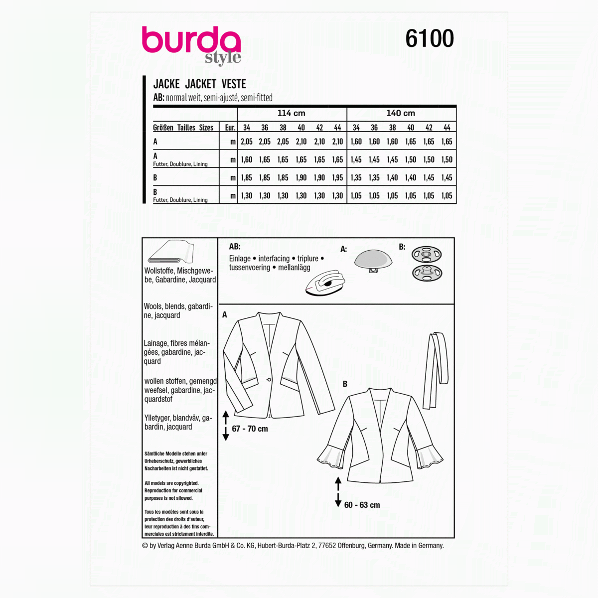 Burda Style Pattern 6100 Misses' Jacket