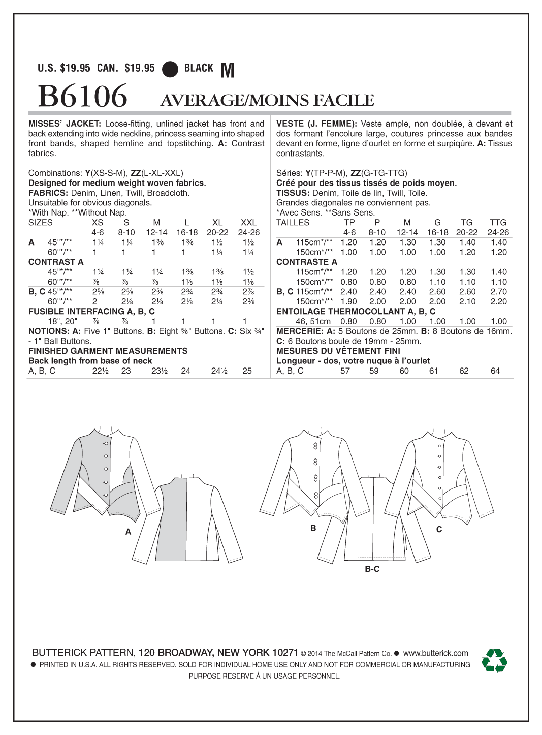 Butterick Sewing Pattern B6106 Misses' Jacket