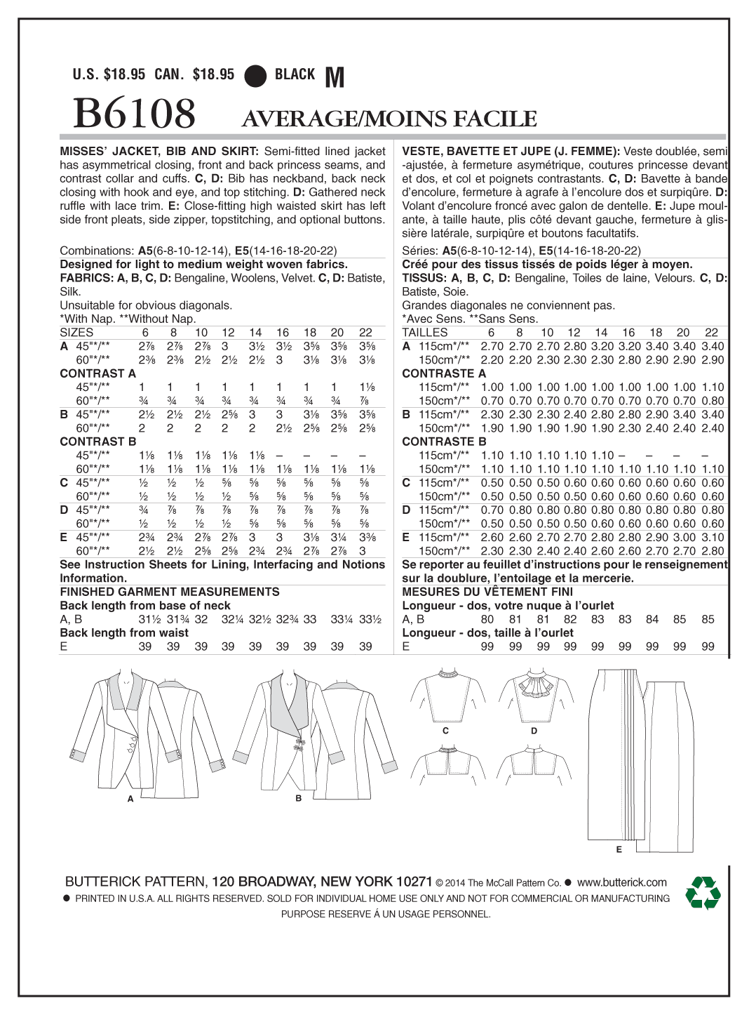 Butterick Sewing Pattern B6108 Misses' Jacket, Bib and Skirt