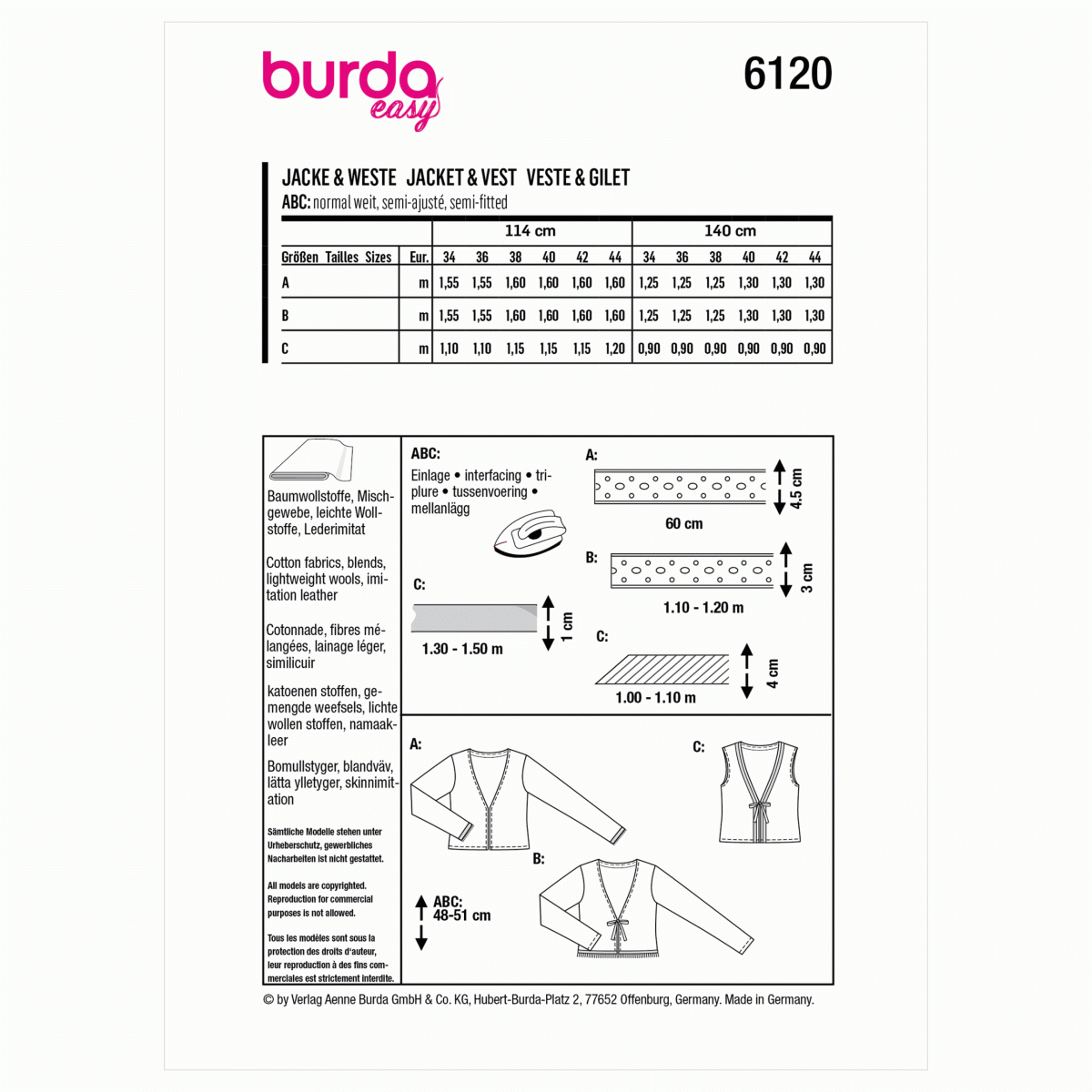 Burda Style Pattern 6120 Misses' Cardigan Jacket and Waistcoat