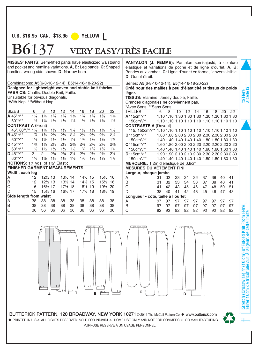 Butterick Sewing Pattern B6137 Misses' Pants