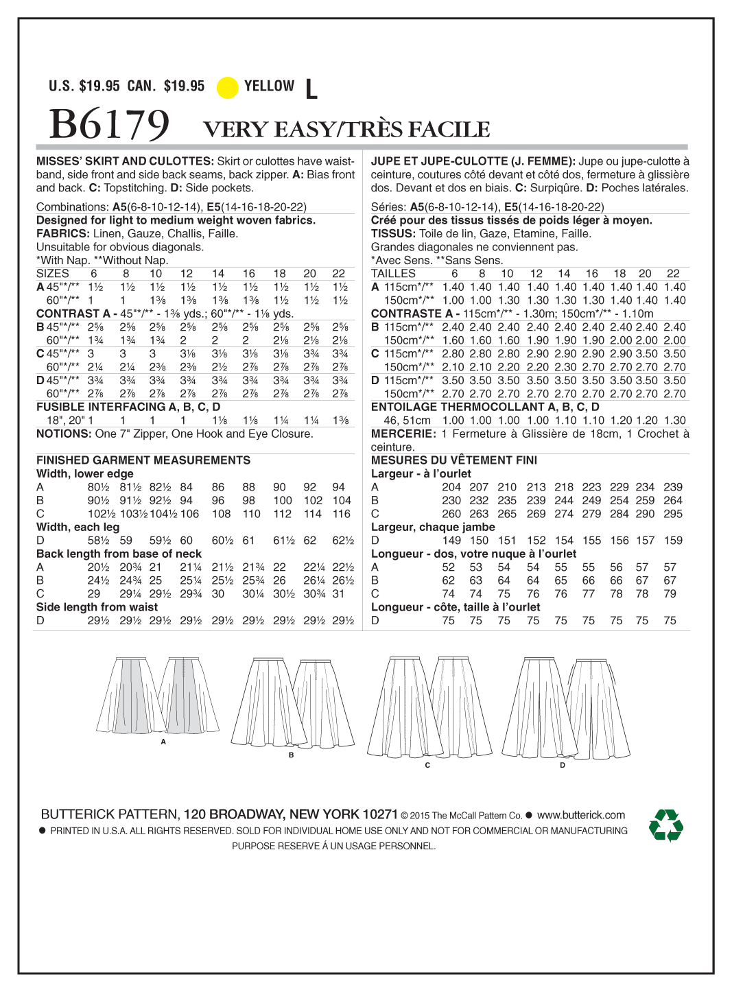 Butterick Sewing Pattern B6179 Misses' Skirt and Culottes
