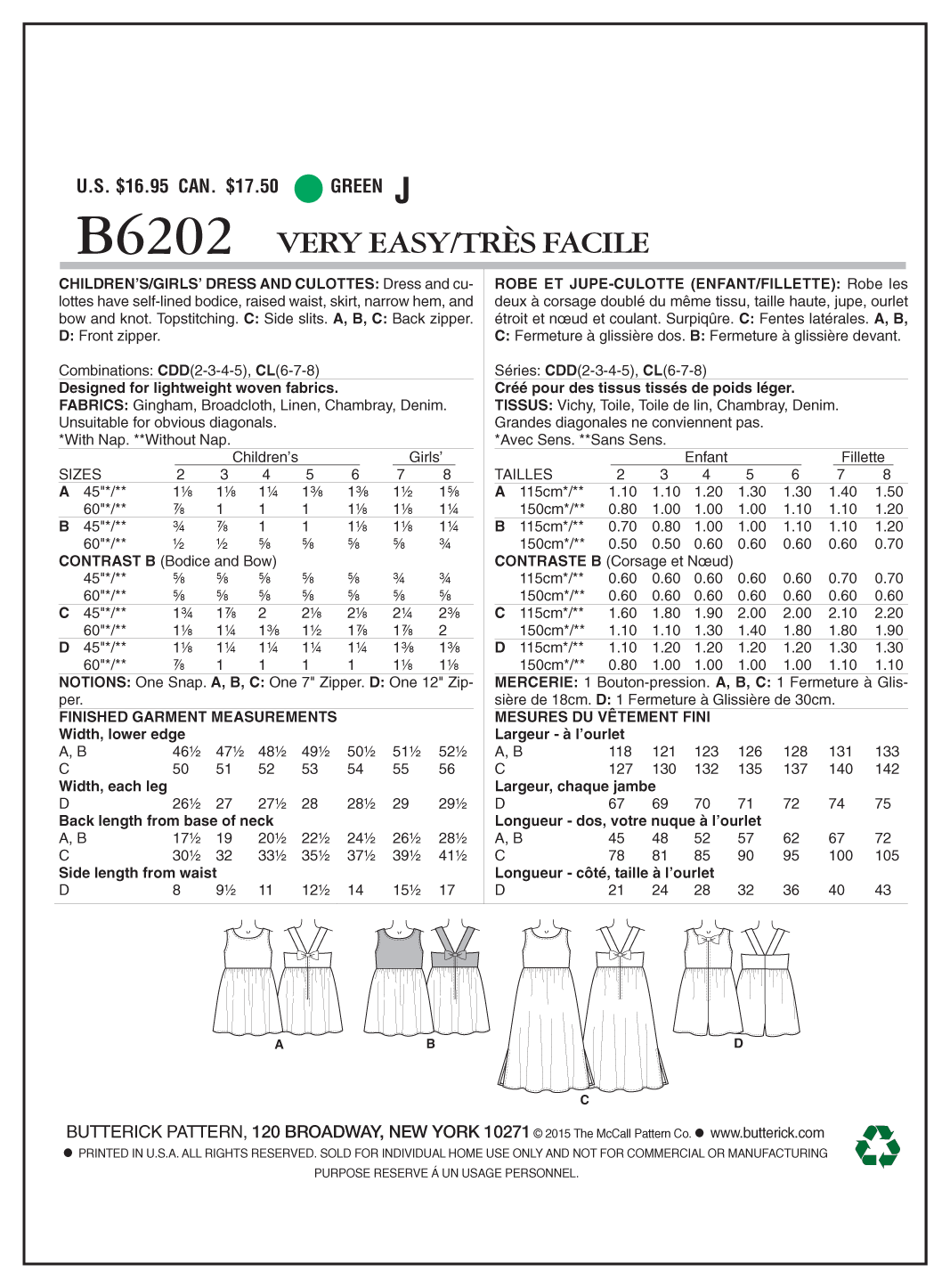 Butterick Sewing Pattern B6202 Children's/Girls' Dress and Culottes