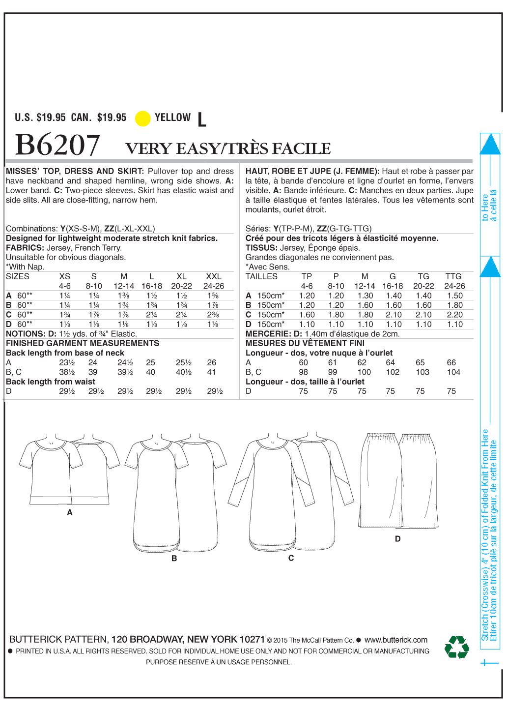 Butterick Sewing Pattern B6207 Misses' Top, Dress and Skirt