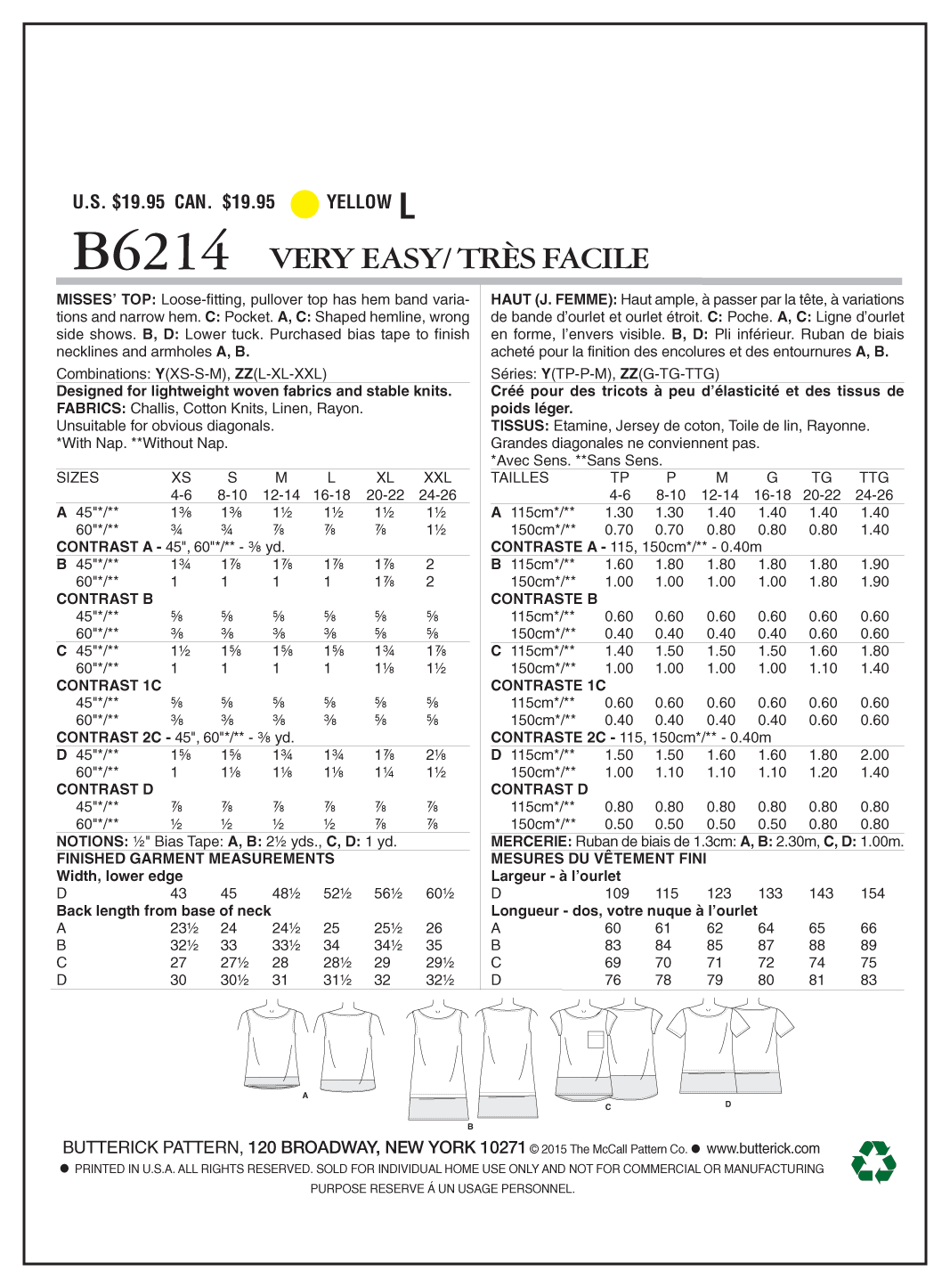 Butterick Sewing Pattern B6214 Misses' Top