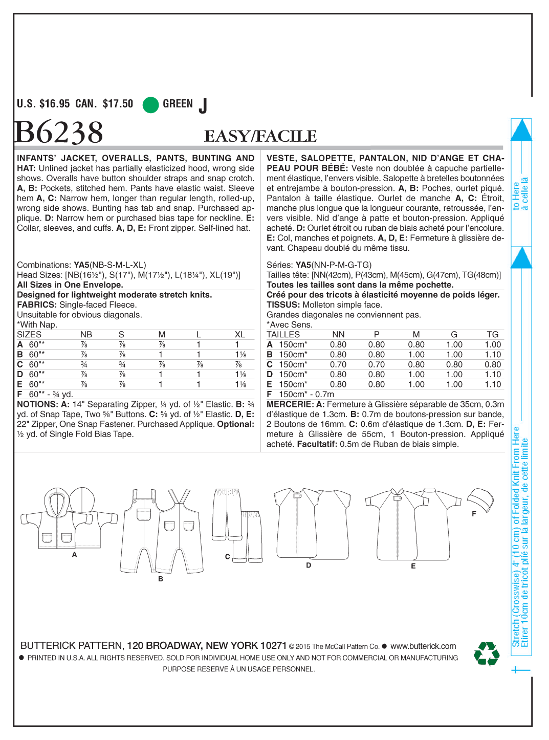 Butterick Sewing Pattern B6238 Infants' Jacket, Overalls, Pants, Bunting and Hat
