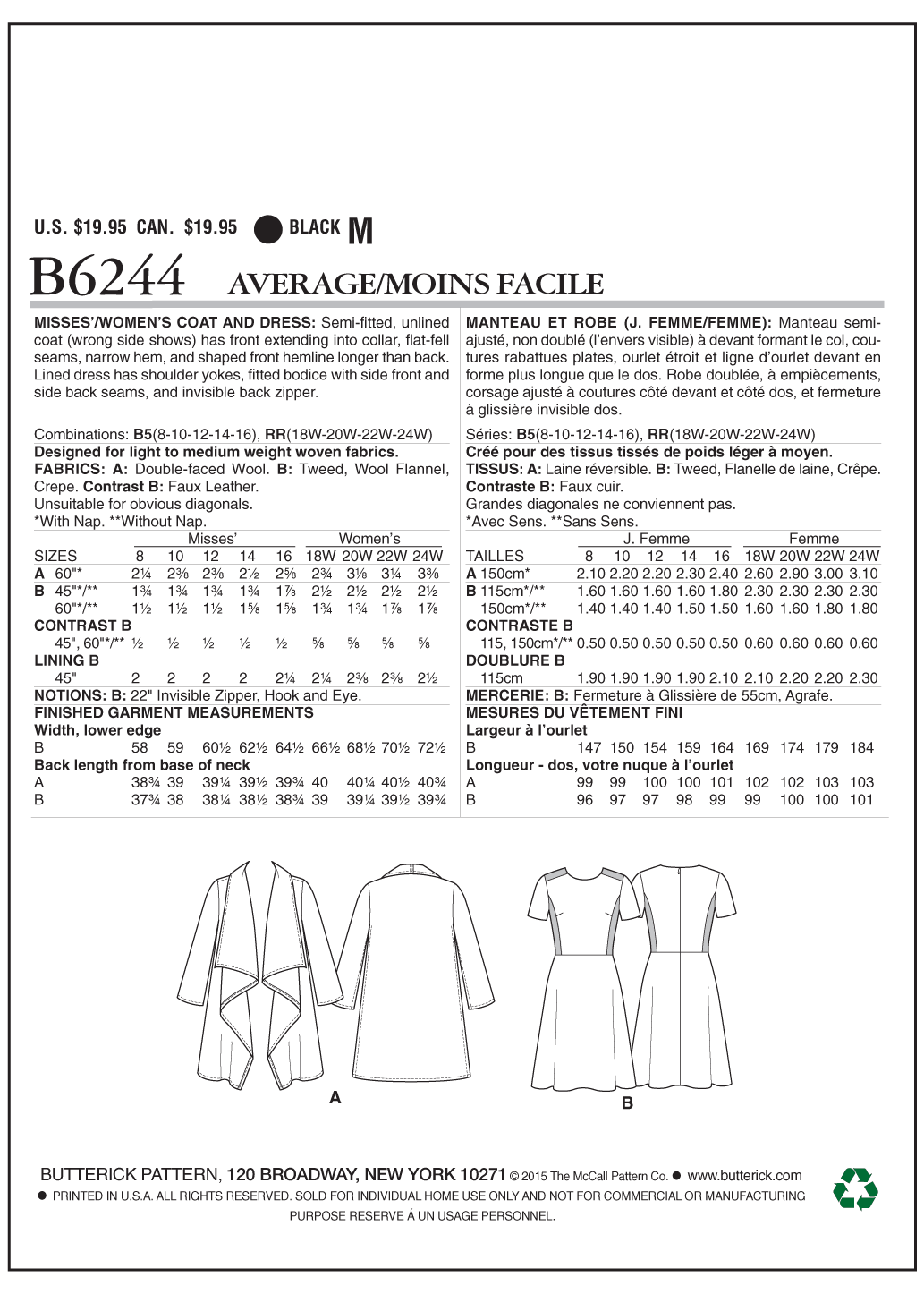 Butterick Sewing Pattern B6244 Misses'/Women's Lisette Coat and Dress
