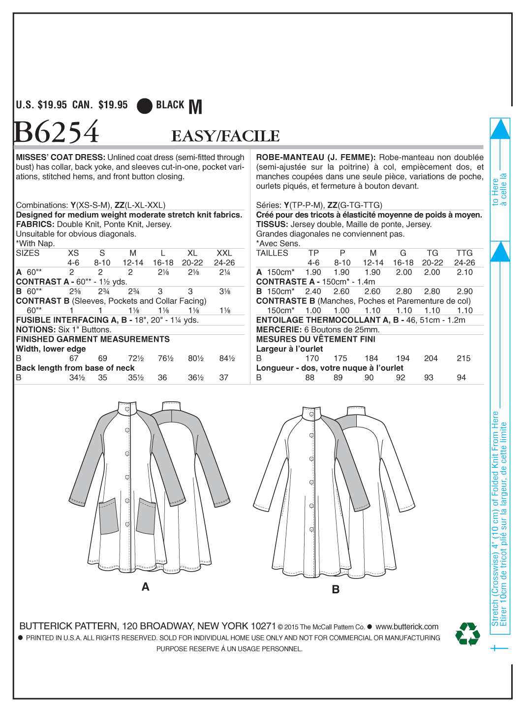 Butterick Sewing Pattern B6254 Misses' Coat Dress