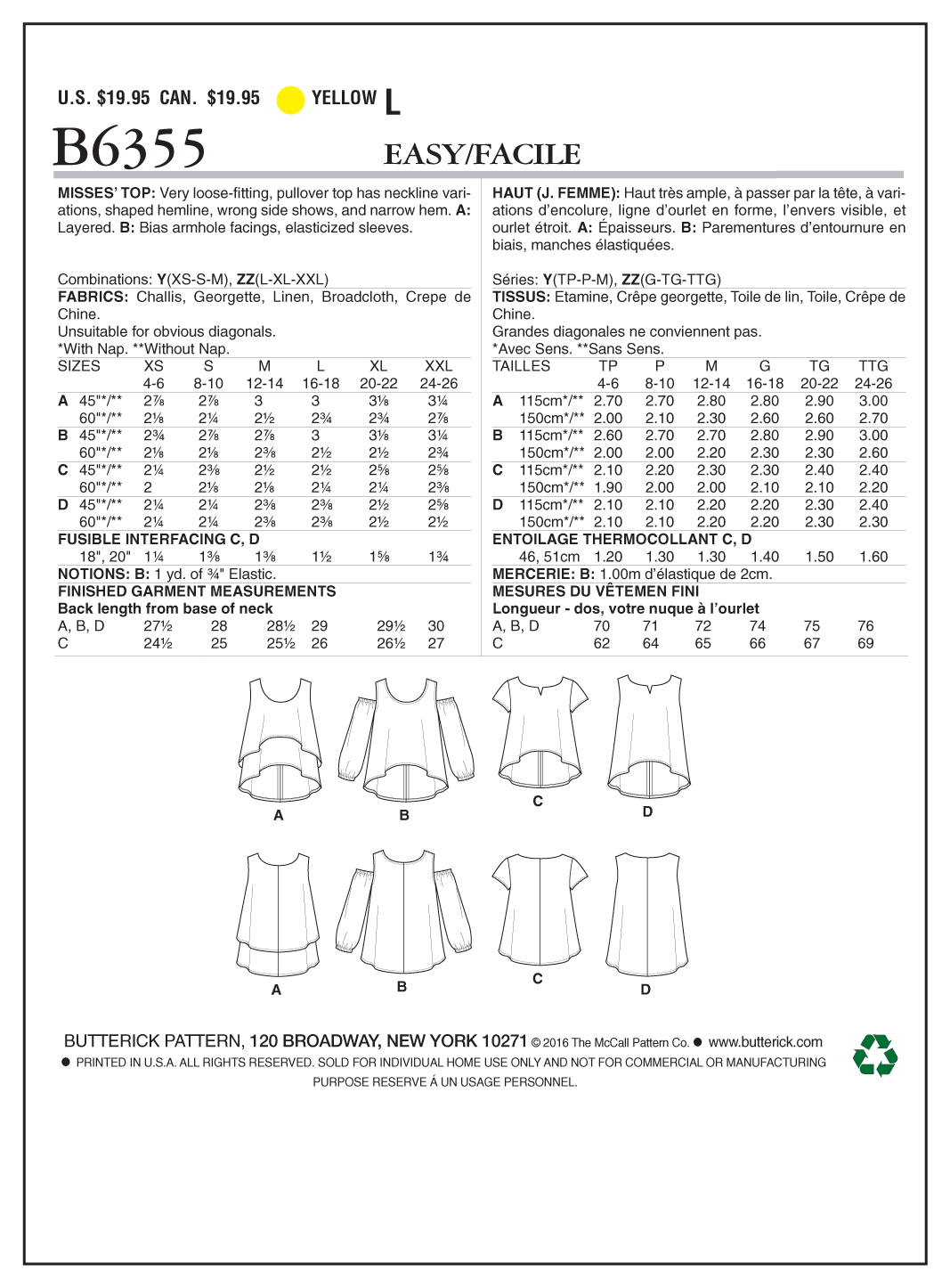 Butterick Sewing Pattern B6355 Misses' Overlay, Cold Shoulder or Notch-Neck Tops