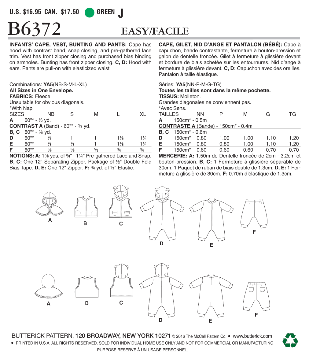 Butterick Sewing Pattern B6372 Infants' Cape, Vest, Buntings and Pull-On Pants