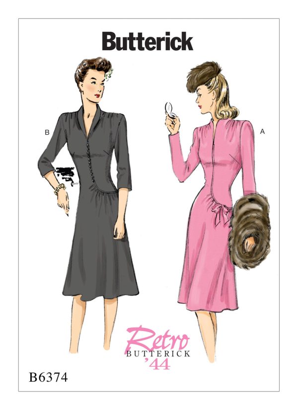 Butterick Sewing Pattern B6374 1940s Misses' Swan-Neck or Shawl Collar Dresses with Asymmetrical Gathers