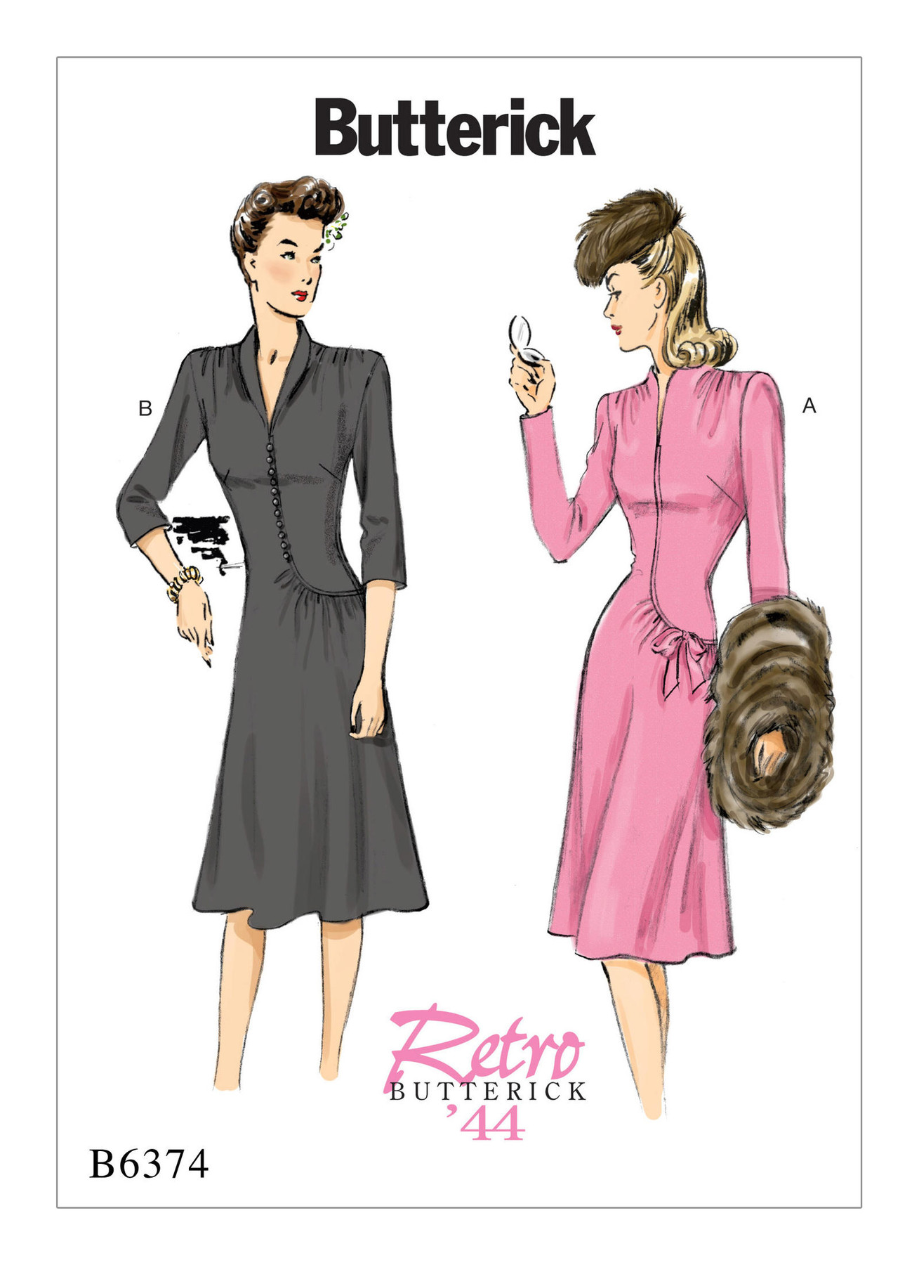 Butterick Sewing Pattern B6374 1940s Misses’ Swan-Neck or Shawl Collar Dresses with Asymmetrical Gathers