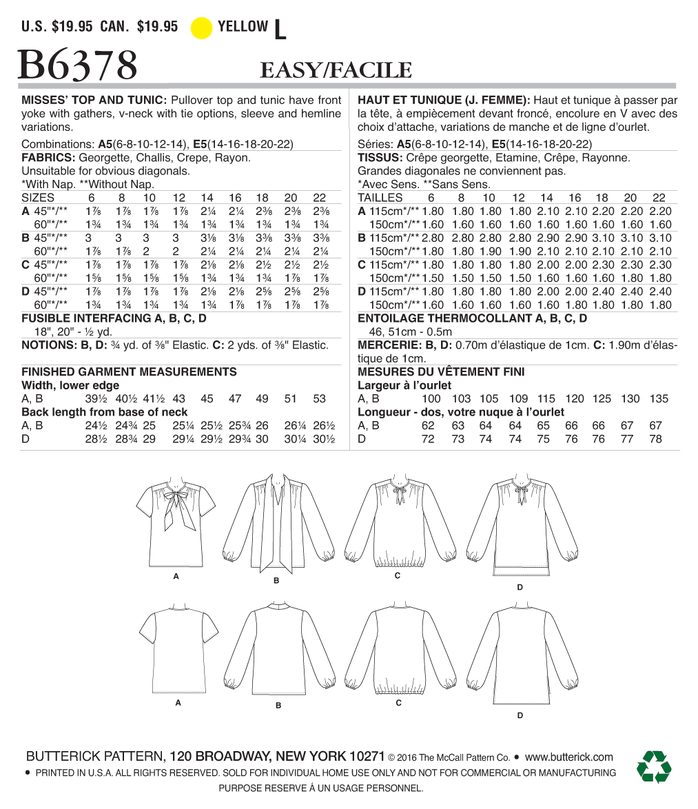 Butterick Sewing Pattern B6378 Misses' Gathered Tops and Tunics with Neck Ties