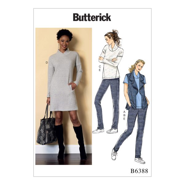 Butterick Sewing Pattern B6388 Misses' Lapped Collar Tops and Dress, Draped Collar Vest, and Pleated Pants