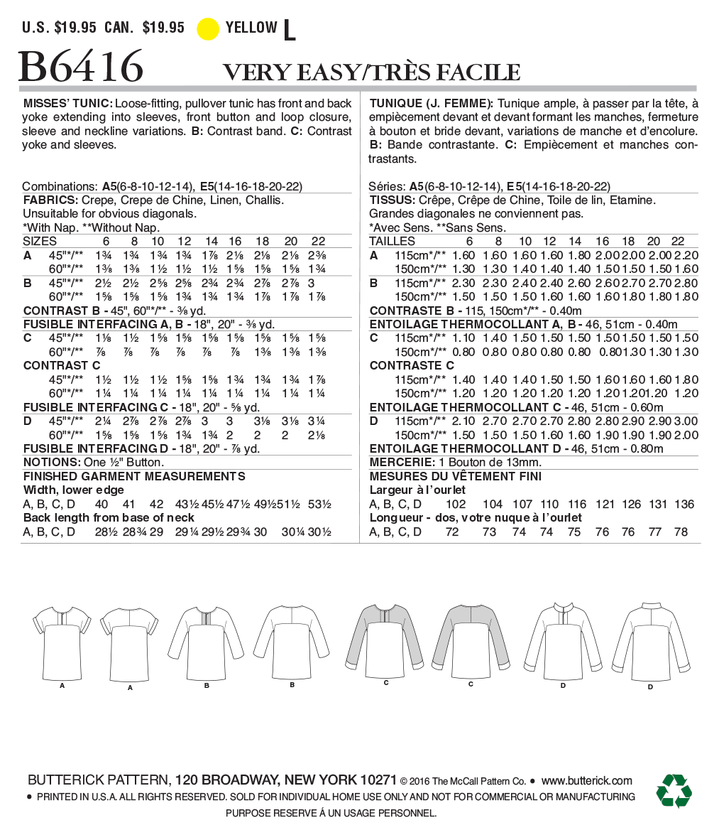 Butterick Sewing Pattern B6416 Misses' Button-Closure Tunics with Yokes