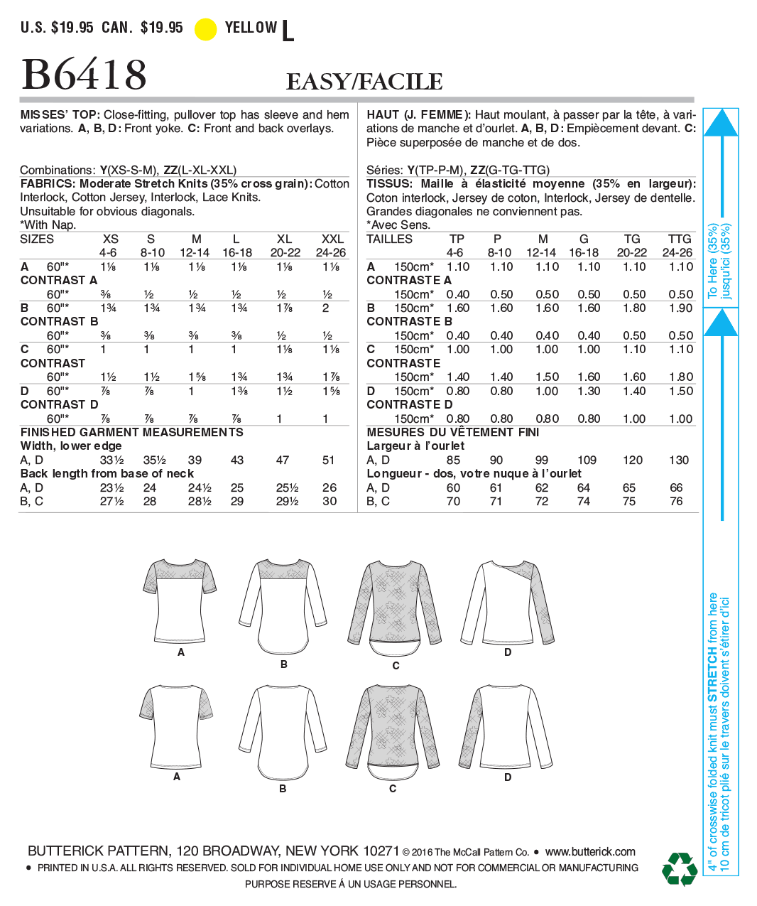 Butterick Sewing Pattern B6418 Misses' Knit, Lace-Detail Tops