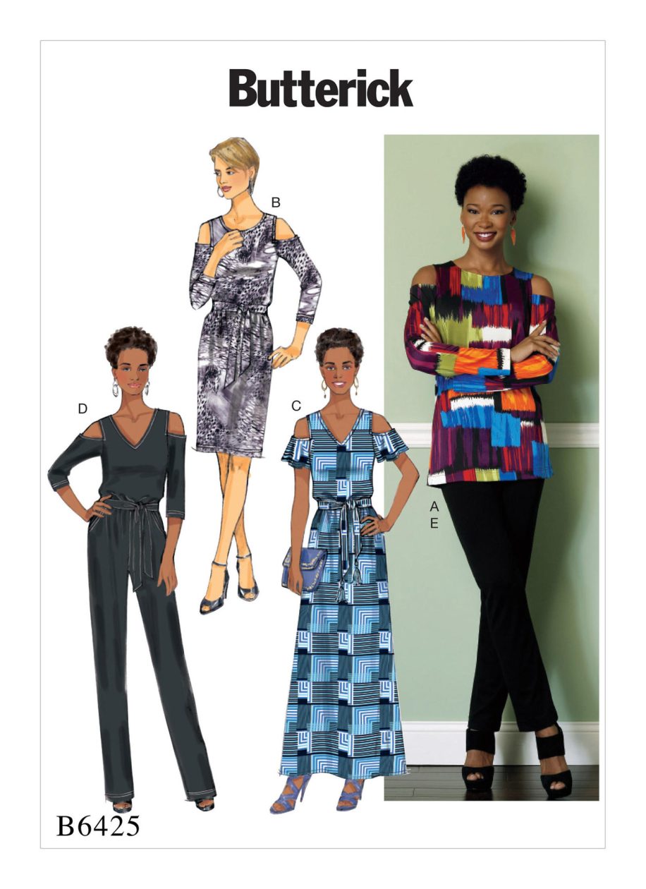 Butterick Sewing Pattern B6425 Misses' Cold-Shoulder Top, Dress and Jumpsuit, Pull-On Trousers, and Sash