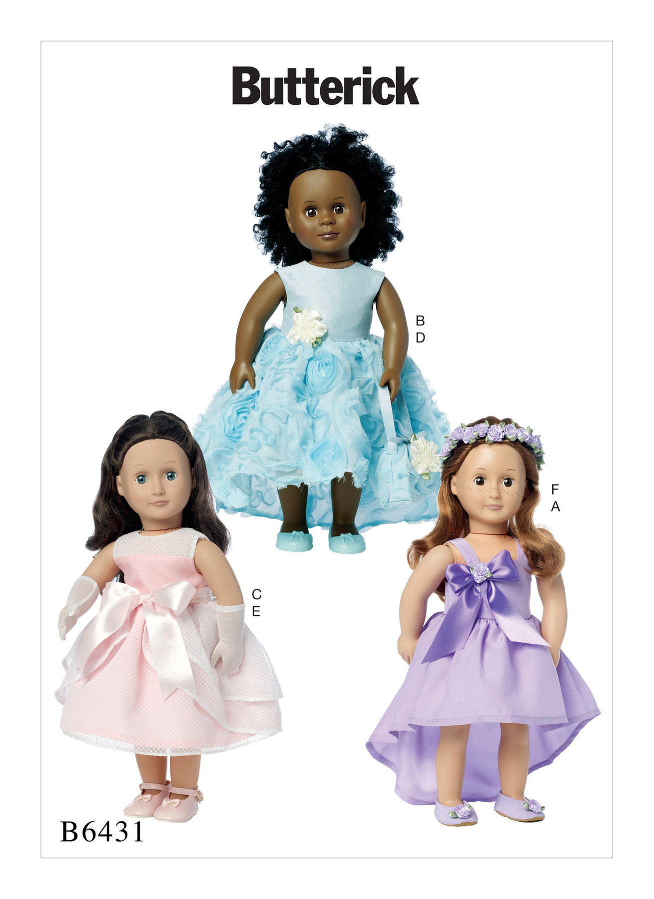 Butterick Sewing Pattern B6431 Special Occasion Dresses, Bag, Gloves, and Headpiece for 18″ Doll
