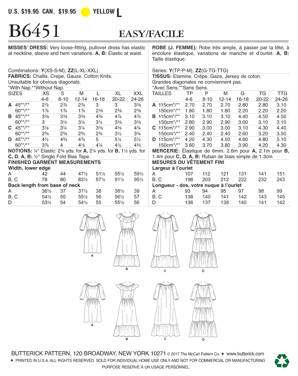 Butterick Sewing Pattern B6451 Misses' Gathered, Blouson Dresses