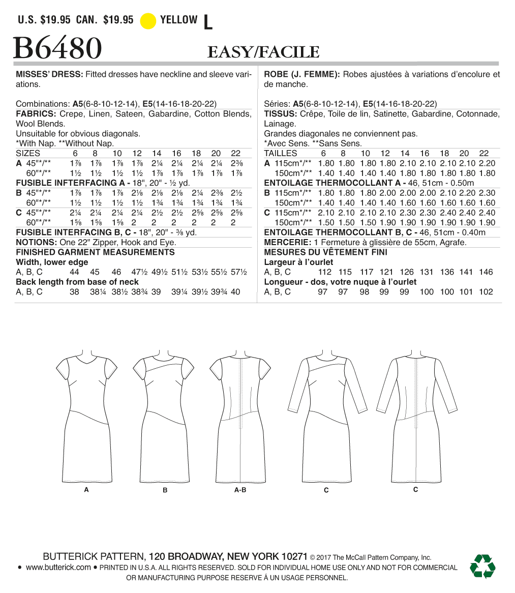 Butterick Sewing Pattern B6480 Misses' Fitted Dresses with Hip Detail, Neck and Sleeve Variations