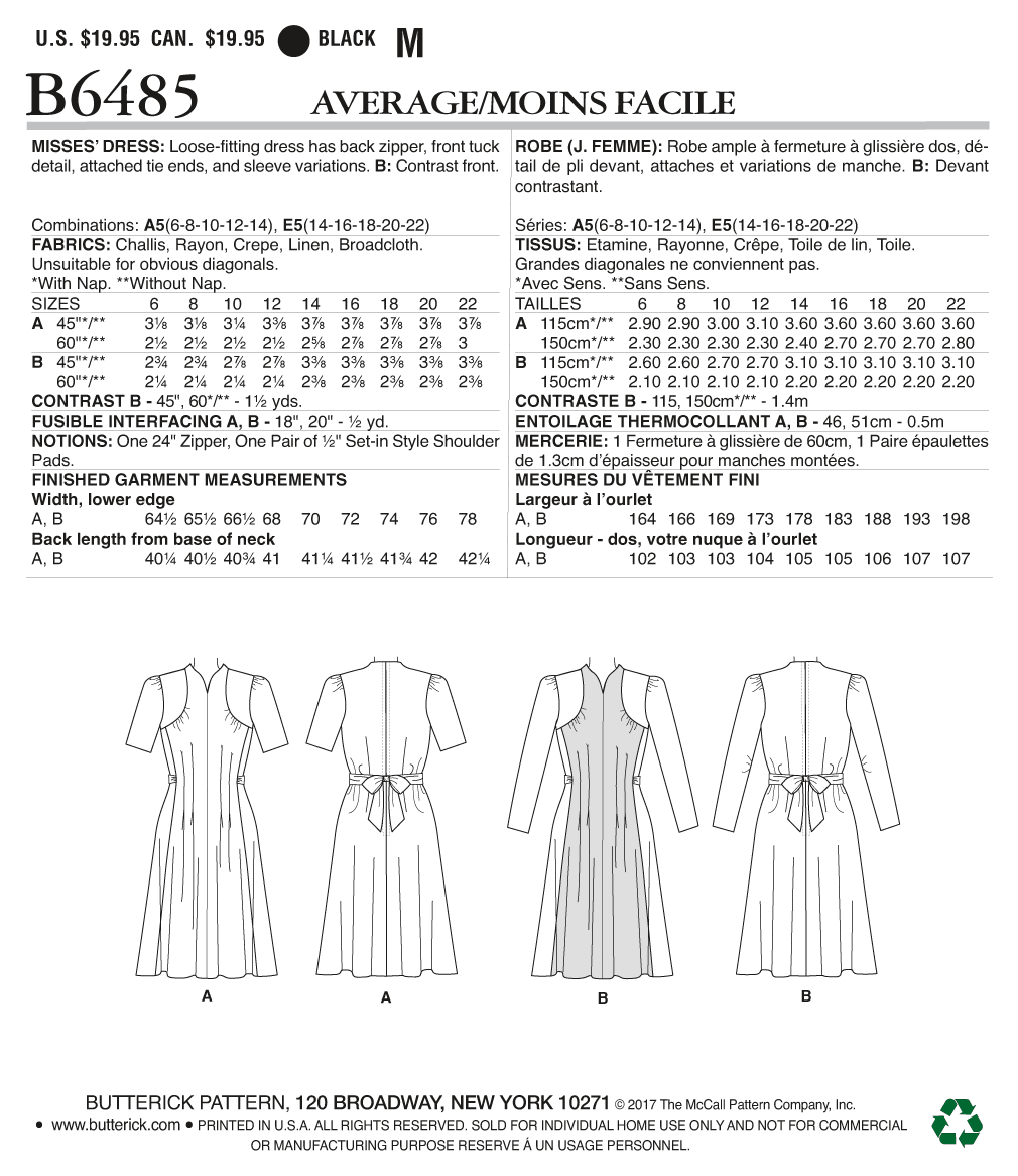 Butterick Sewing Pattern B6485 Misses' Dresses with Shoulder and Bust Detail, Waist Tie, and Sleeve Variations