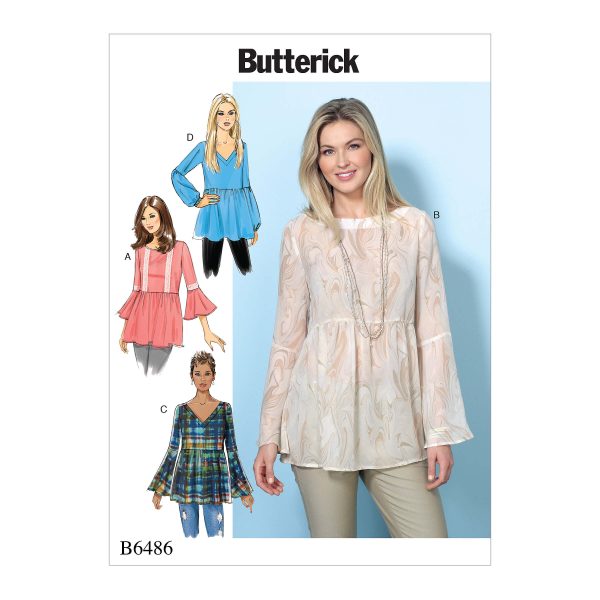 Butterick Sewing Pattern B6486 Misses' Loose-Fitting, Gathered Waist Pullover Tops with Bell Sleeves
