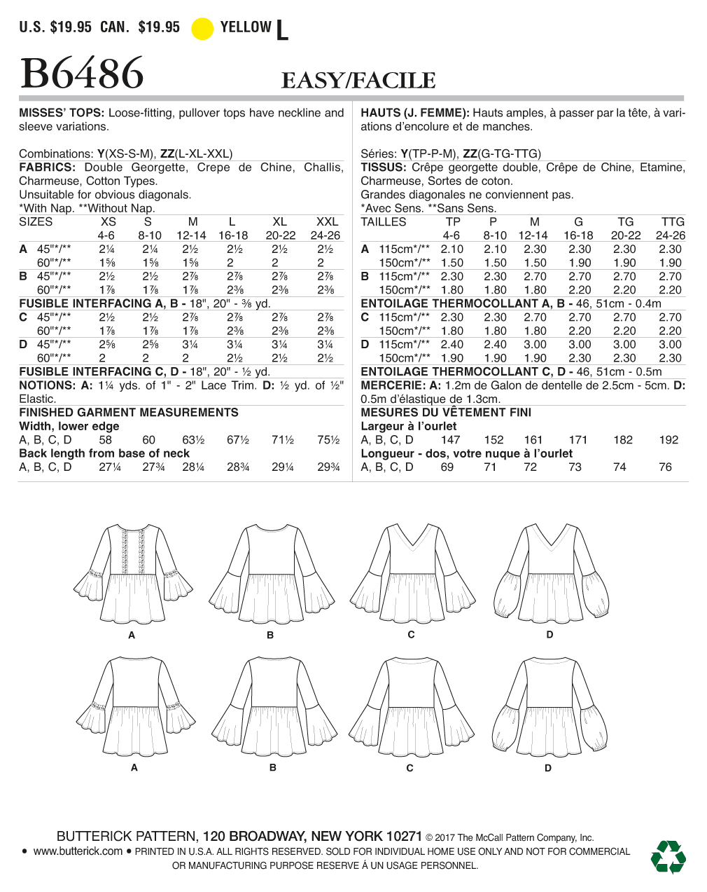 Butterick Sewing Pattern B6486 Misses' Loose-Fitting, Gathered Waist Pullover Tops with Bell Sleeves